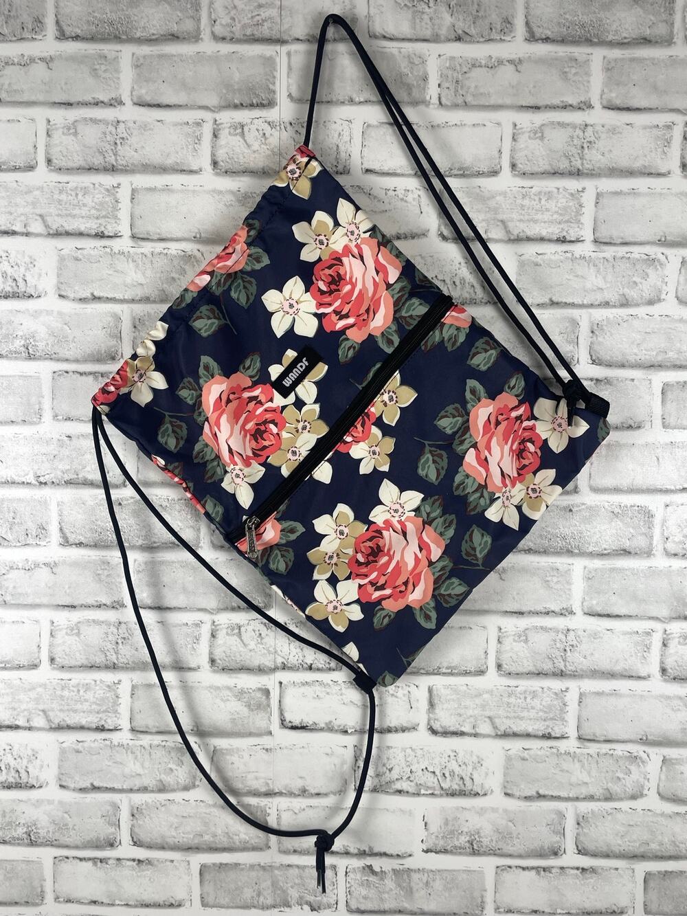 WANDF Drawstring Backpack Floral Cinch Sack Bag Gym Sports Travel Navy Rose Pink